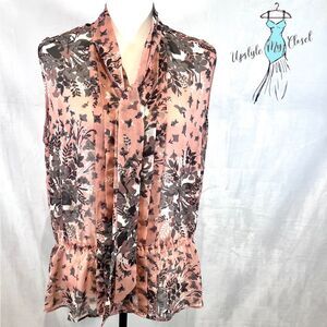 Ann Taylor Loft pink and gray chiffon tie neck pleated peplum top size large